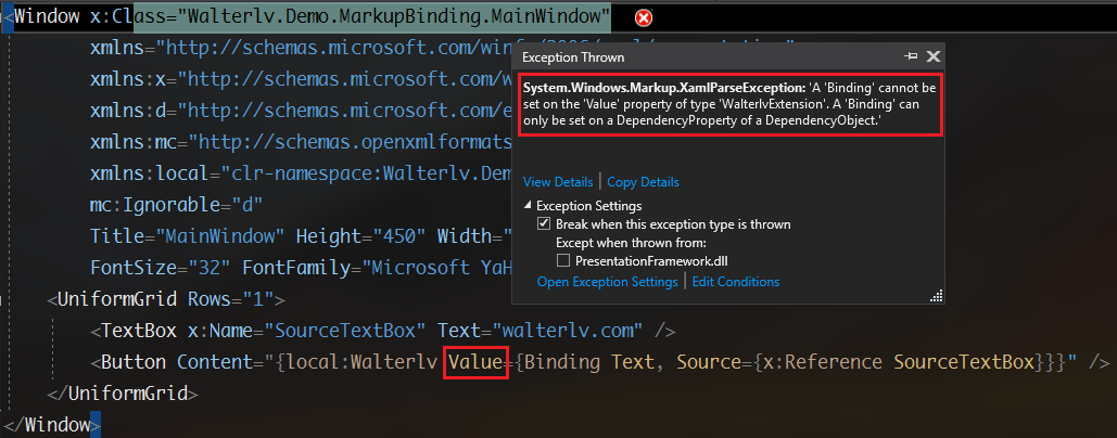 Wpf 让普通clr 属性支持xaml 绑定 非依赖属性 这样markupextension 中定义的属性也能使用绑定了 Walterlv